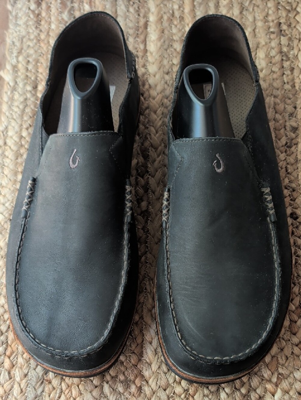 OluKai Men's Black Moloa Leather Slip-On Loafers - Picture 10 of 12